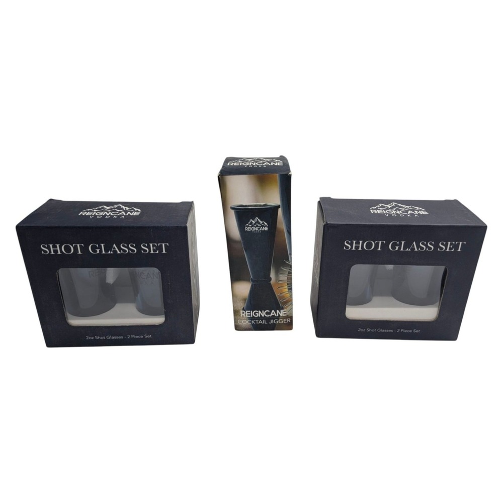 Lot Reigncane Vodka 4x 2oz Shot Glasses & 1 Jigger